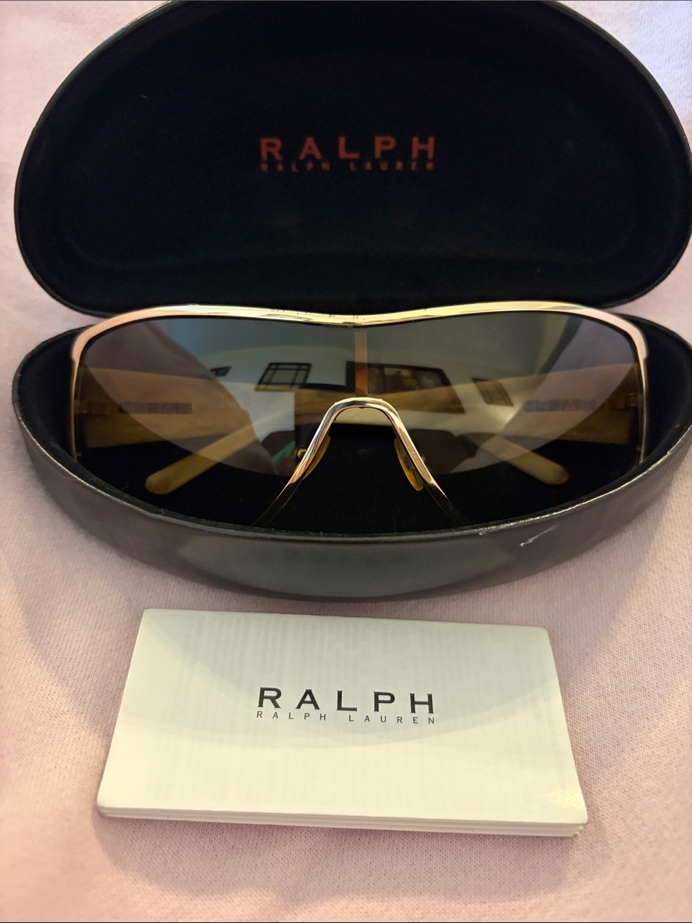 Ralph Lauren women’s Shield Sunglasses RA4003 gold rim brown lenses